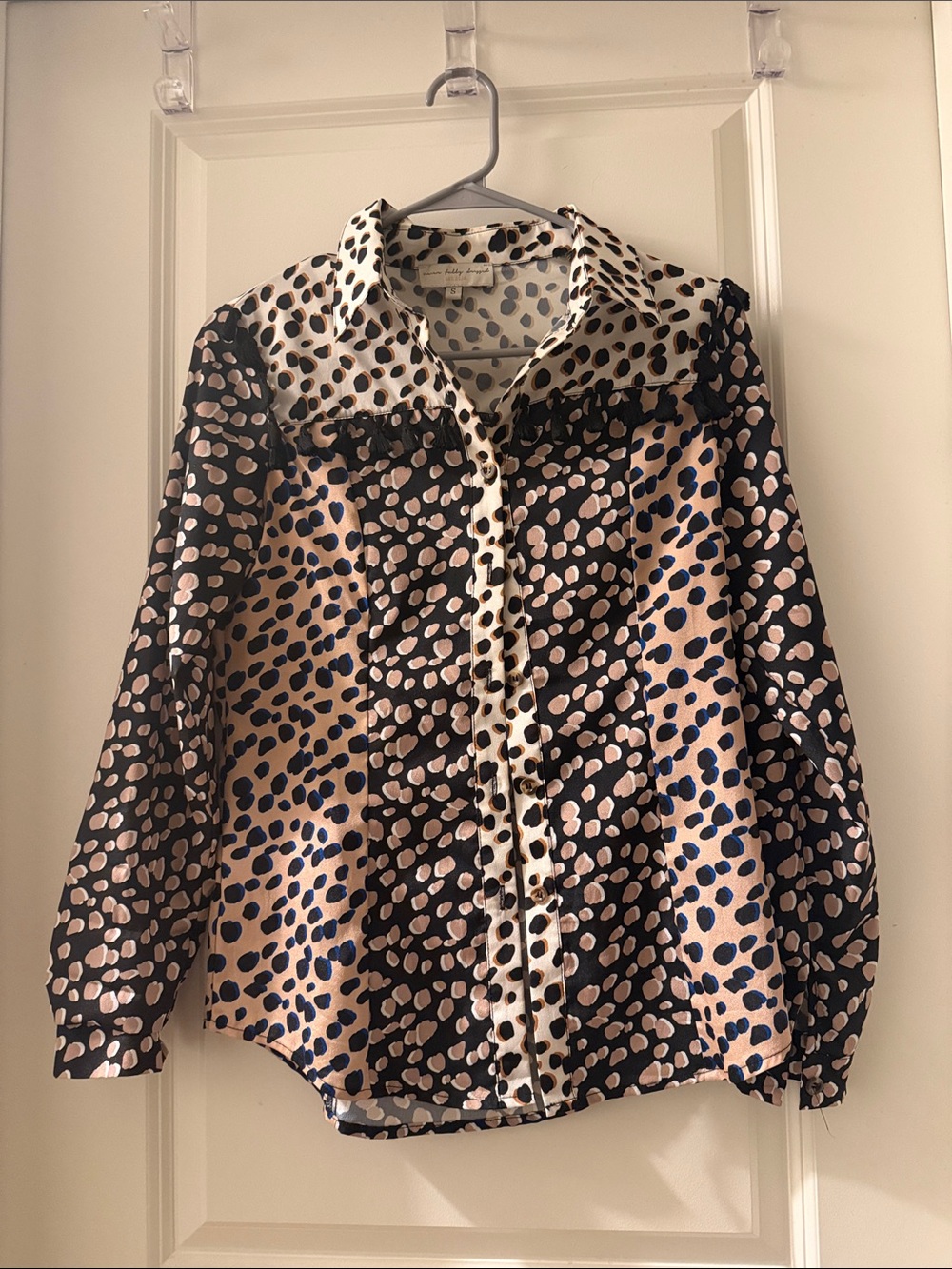 Never Fully Dressed Leopard Spot Button-Up Blouse with Tassels